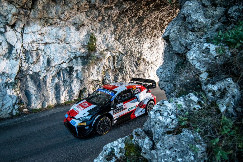Elfyn Evans (GB) and Scott Martin (GBR) of team TOYOTA GAZOO RACING WRT are seen performing during the World Rally Championship Monte-Carlo in Monte-Carlo, Monaco on 20,January