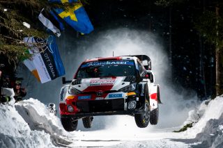 Kalle Rovanpera (FIN) and Jonne Halttunen (FIN) of team Toyota Gazoo Racing are performing during World Rally Championship Sweden in Umea, Sweden on February 26, 2022