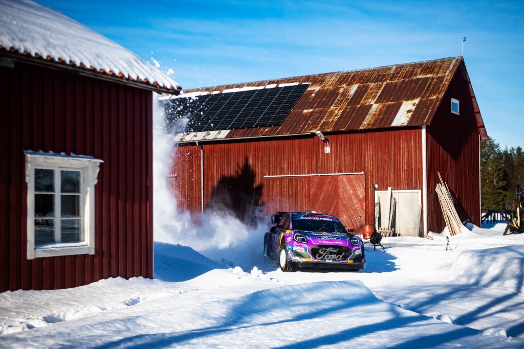 Adrien Fourmaux (FRA) and Alexandre Coria (FRA) of team M-SPORT FORD WORLD RALLY TEAM  are performing during World Rally Championship Sweden in Umea, Sweden on February 26, 2022
