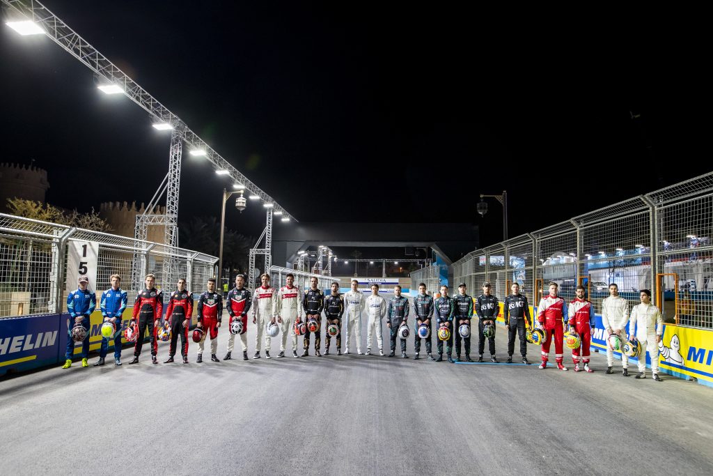 RIYADH STREET CIRCUIT, SAUDI ARABIA - JANUARY 26: The Season 8 driver line up: Dan Ticktum (GBR), NIO 333 Racing, Oliver Turvey (GBR), NIO 333 Racing, Maximilian Guenther (DEU), Nissan e.dams, Sebastien Buemi (CHE), Nissan e.dams, Pascal Wehrlein (DEU), TAG Heuer Porsche, Andre Lotterer (DEU), TAG Heuer Porsche, Oliver Askew (USA), Avalanche Andretti, Jake Dennis (GBR), Avalanche Andretti, Jean-Eric Vergne (FRA), DS Techeetah, Antonio Felix da Costa (PRT), DS Techeetah, Stoffel Vandoorne (BEL), Mercedes Benz EQ, Nyck de Vries (NLD), Mercedes Benz EQ, Sam Bird (GBR), Jaguar TCS Racing, Mitch Evans (NZL), Jaguar TCS Racing, Robin Frijns (NLD), Envision Racing, Nick Cassidy (NZL), Envision Racing, Lucas Di Grassi (BRA), ROKiT Venturi Racing, Edoardo Mortara (CHE), ROKiT Venturi Racing, Oliver Rowland (GBR), Mahindra Racing, Alexander Sims (GBR), Mahindra Racing, Antonio Giovinazzi (ITA), Dragon | Penske Autosport, and Sergio Sette Camara (BRA), Dragon | Penske Autosport during the Diriyah ePrix I at Riyadh Street Circuit on Wednesday January 26, 2022 in Riyadh, Saudi Arabia.