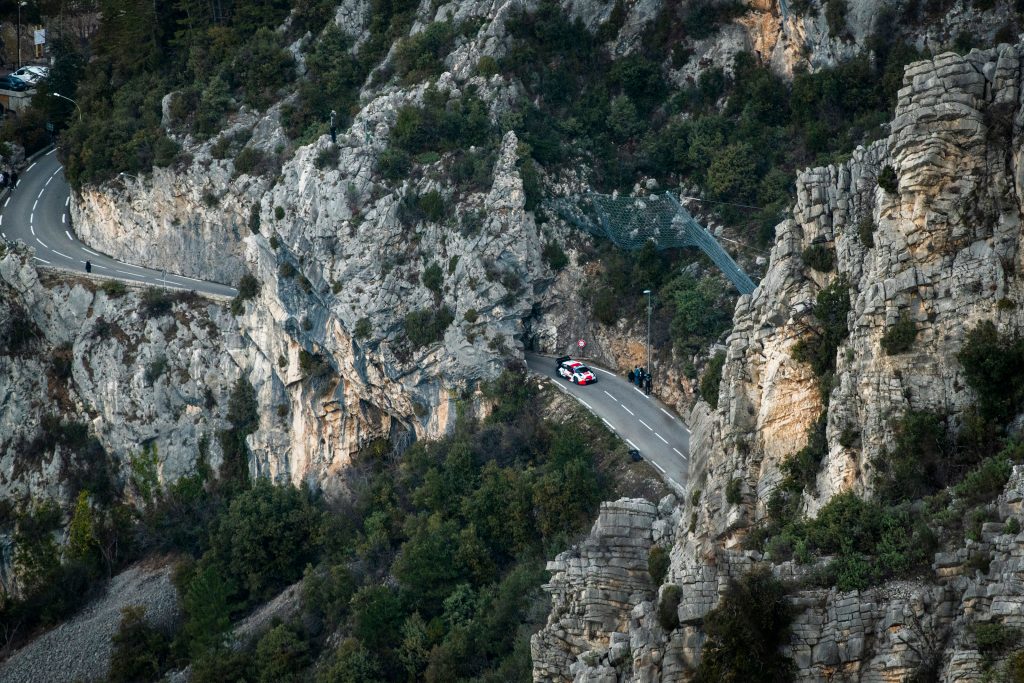 Sébastien Ogier (FRA) and Benjamin Veillas (FRA) of team TOYOTA GAZOO RACING WRT are seen performing during the World Rally Championship Monte-Carlo in Monte-Carlo, Monaco on 20,January