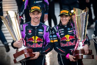 Sébastien Loeb (FRA) and Isabelle Galmiche (FRA) of team M-SPORT FORD WORLD RALLY TEAM celebrate on the podium after winning World Rally Championship in Monte-Carlo, Monaco on January 23, 2022