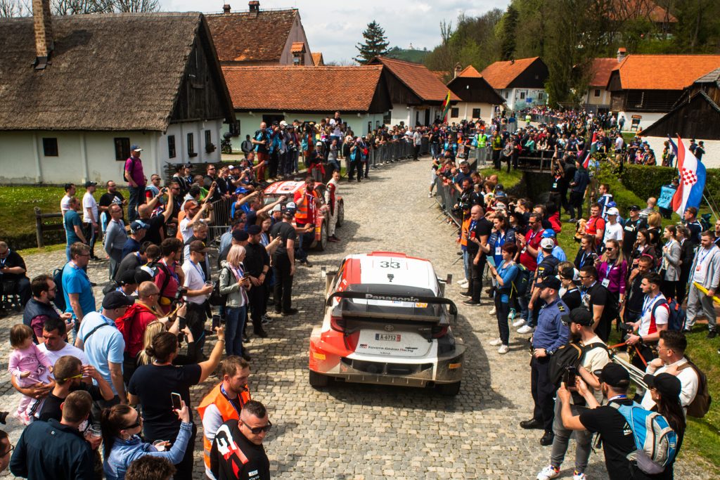 Elfyn Evans (GB) Scott Martin (GB) Of team TOYOTA GAZOO RACING WRT are seen during the World Rally Championship Croatia in Zagreb, Croatia on 23 April, 2023